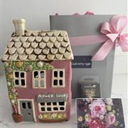 Ceramic Village House Flower gift set