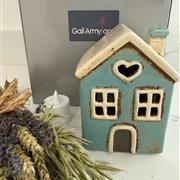 Blue Heart T light house with dried flowers
